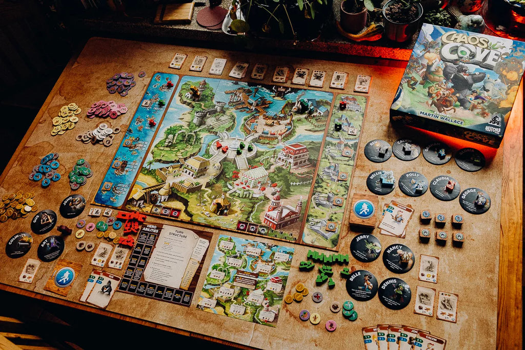 Chaos Cove APE Games Board Game Game Components Box Contents Meeples Tiles Cards Game Board
