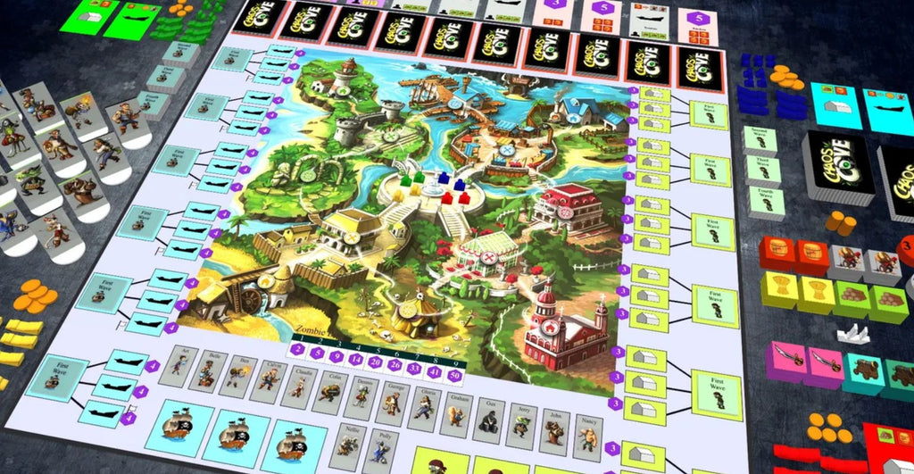 Chaos Cove APE Games Board Game Mid Game Set Up Game Board Meeples Tiles