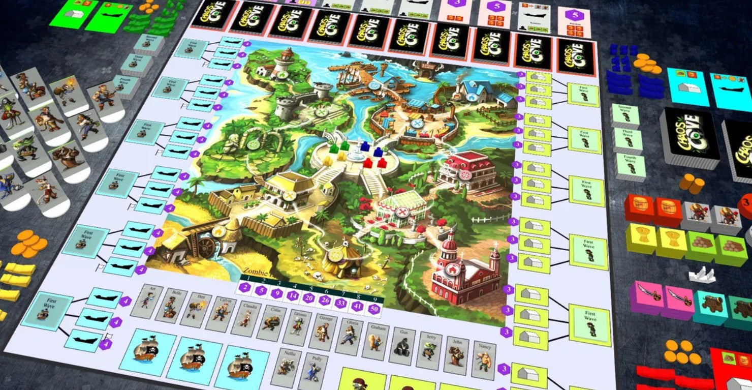 Chaos Cove APE Games Board Game Mid Game Set Up Game Board Meeples Tiles