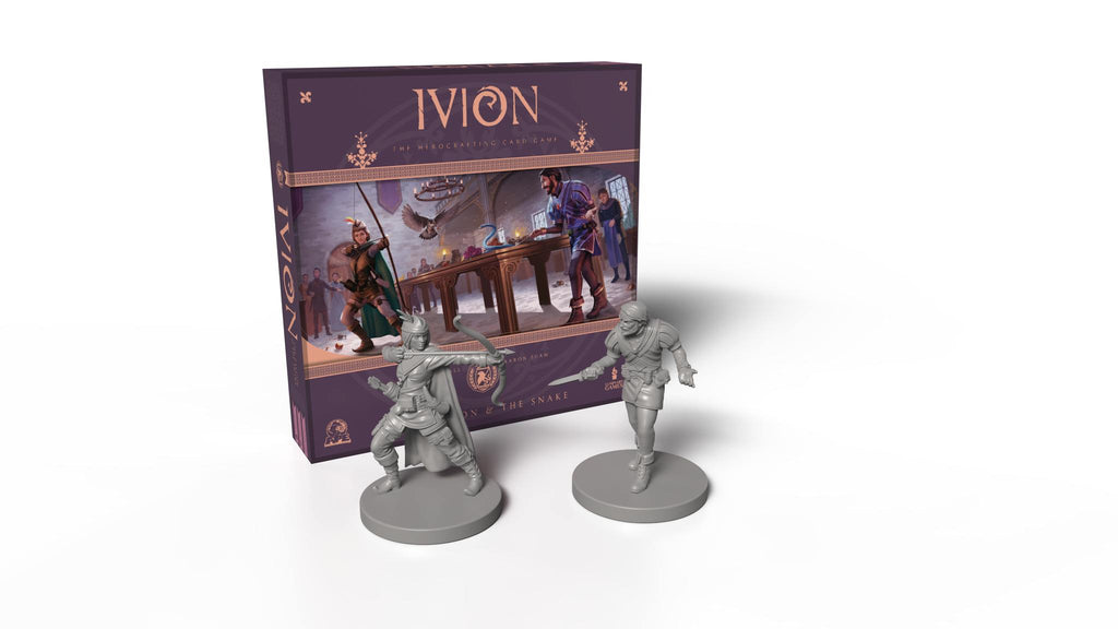 Ivion The Falcon and The Snake APE Games Board Game Hero Dueling Box on white background with Miniatures