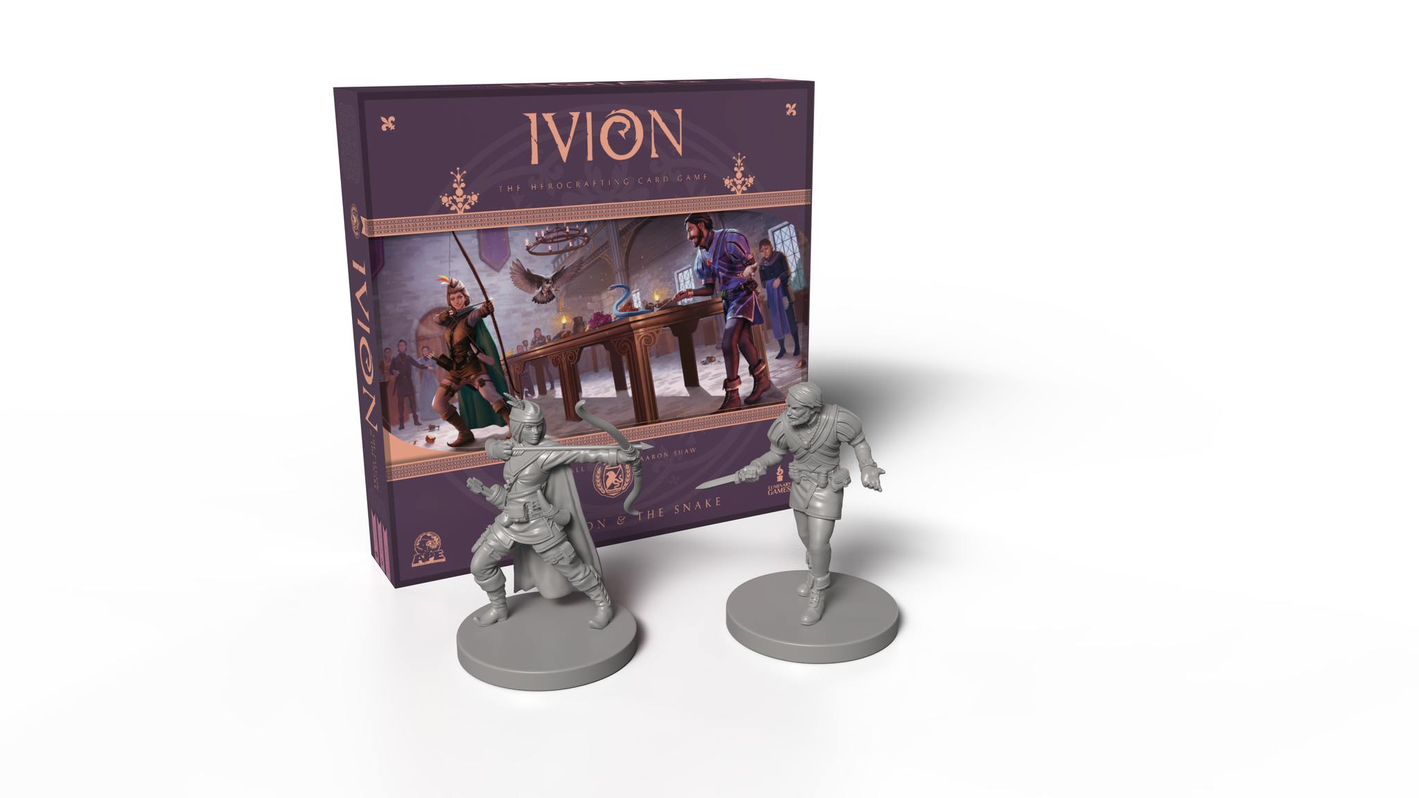 Ivion The Falcon and The Snake APE Games Board Game Hero Dueling Box on white background with Miniatures