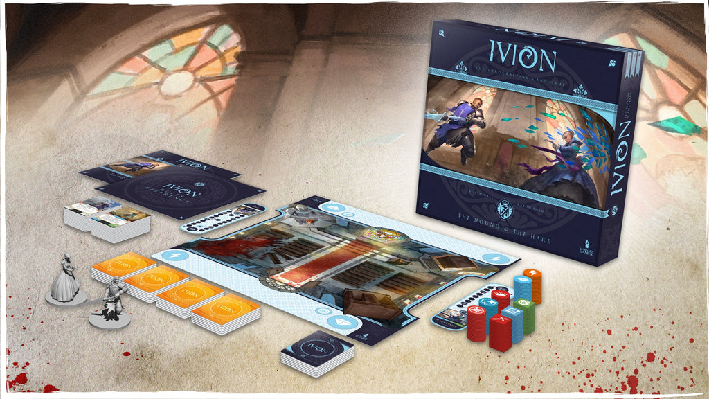 Ivion The Hound and The Hare APE Games Board Game Hero Dueling Game Components Box Contents Cards Game Board Miniatures
