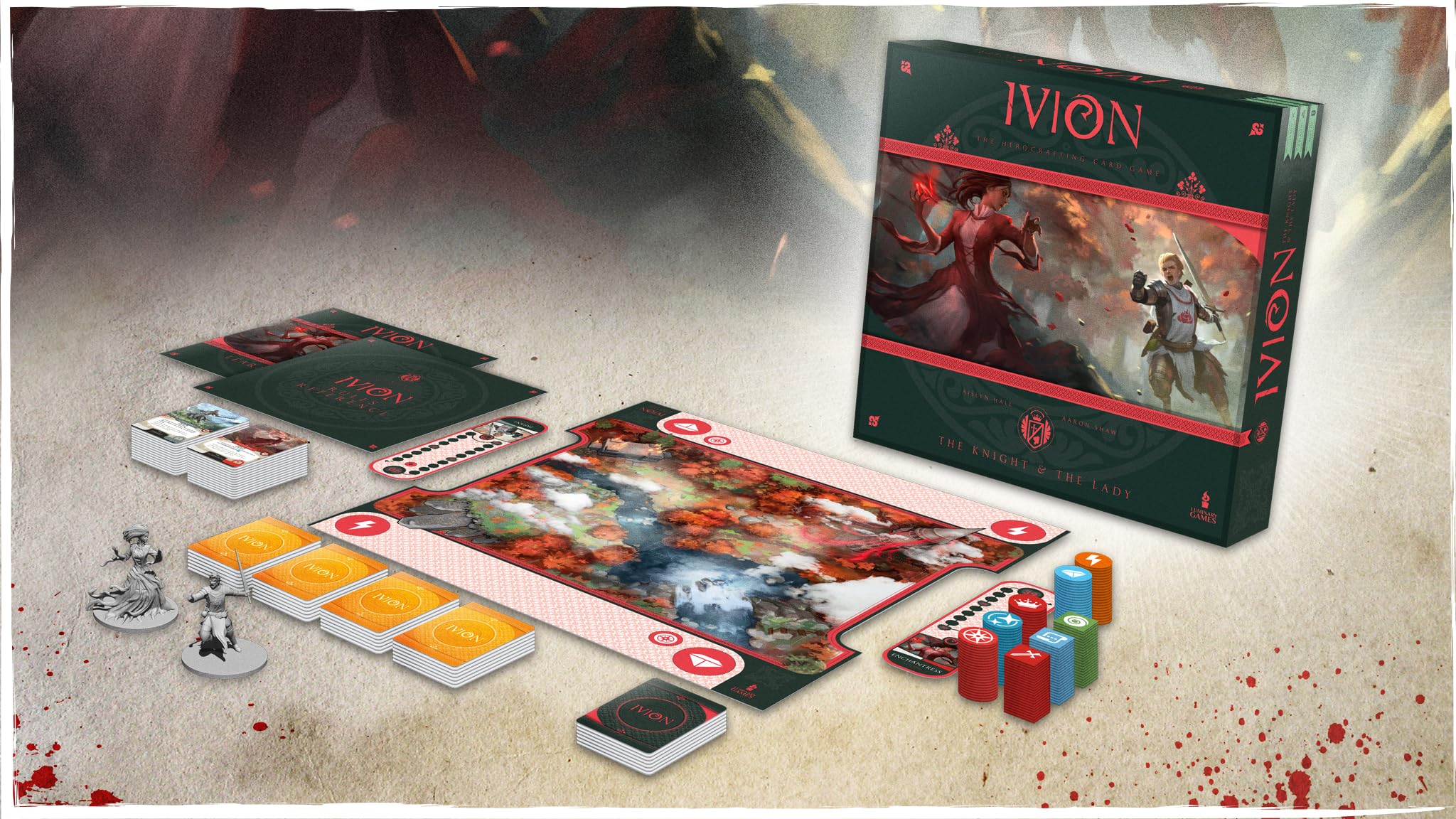 Ivion The Knight and The Lady APE Games Board Game Hero Dueling Game Components Box Contents Game Board Cards Miniatures