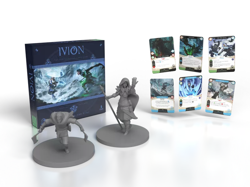 Ivion The Rune and The Rime APE Games Board Game Hero Dueling 3D Box Rendering and Miniatures and Cards