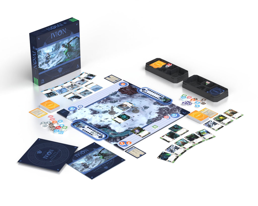 Ivion The Rune and The Rime APE Games Board Game Hero Dueling Mid Game Set Up Game Board Miniatures Cards