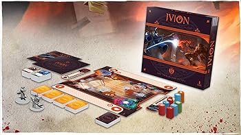 Ivion The Sun and The Stars APE Games Board Game Hero Dueling Game Components Box Contents Cards Game Board Miniatures
