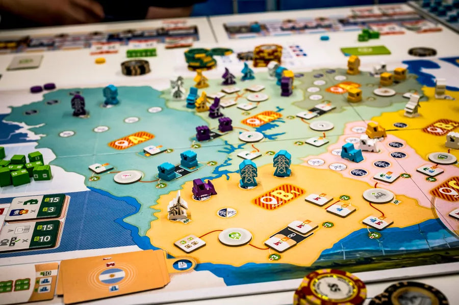 Pampero APE Games Board Game Mid Game Set Up Wooden Meeples Game Board Tiles