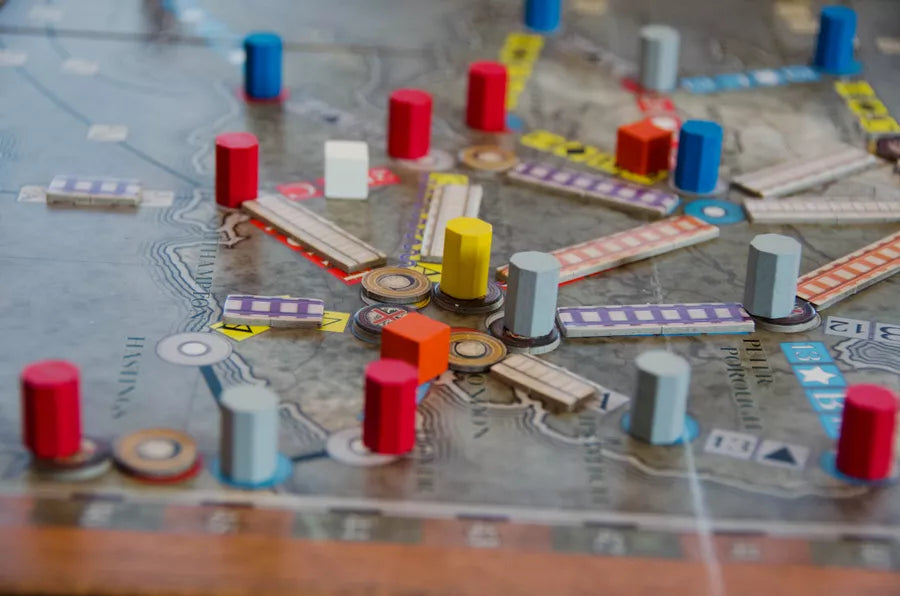 Rolling Freight Board Game APE Games Mid Game Set Up Tiles Wooden Meeples