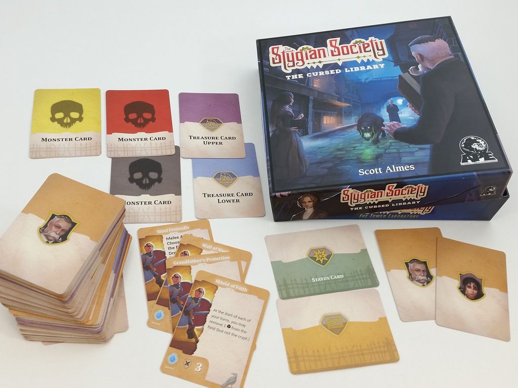 The Stygian Society Cursed Library Expansion APE Games Board Game Box Contents Game Components Cards