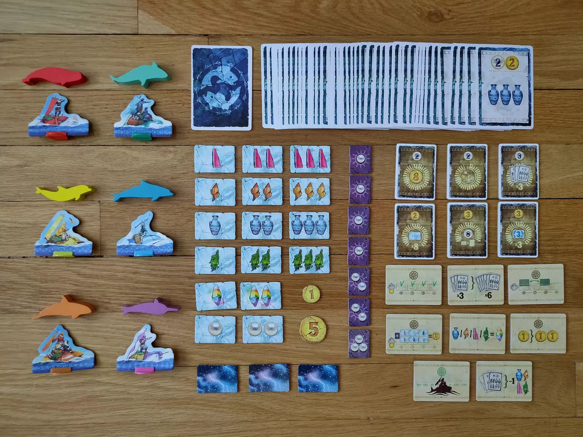 Whale Riders Board Game APE Games Game Components Box Contents Meeples Standees Tiles Tokens Cards